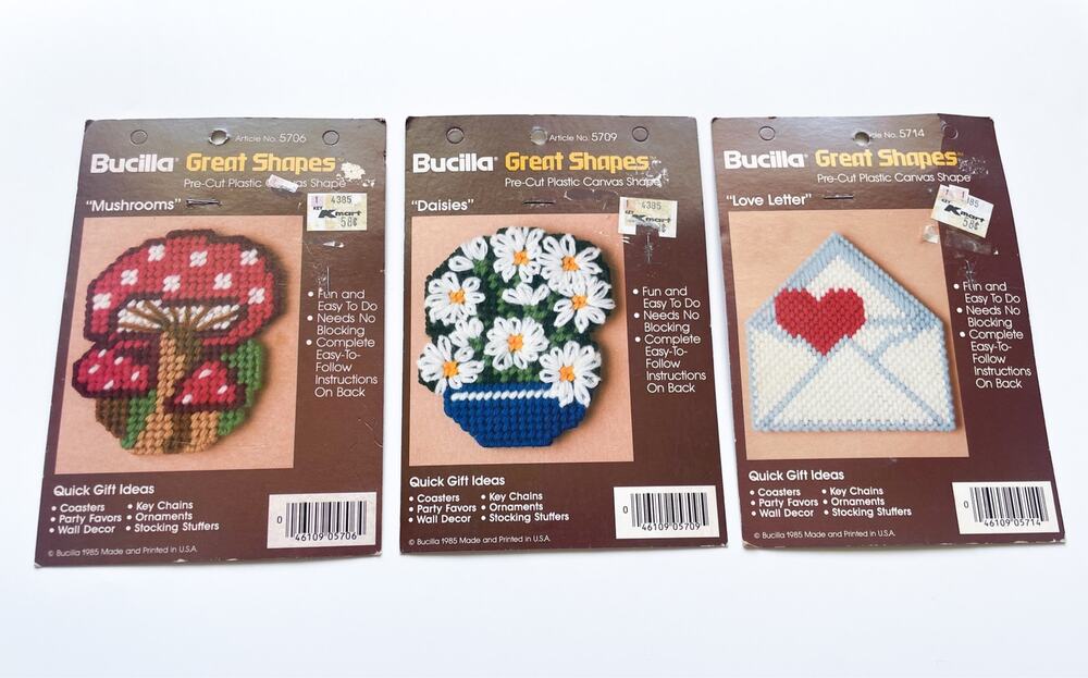NEW Vintage 80s Bucilla 'Great Shapes' Plastic Canvas Small Projects Set of 3